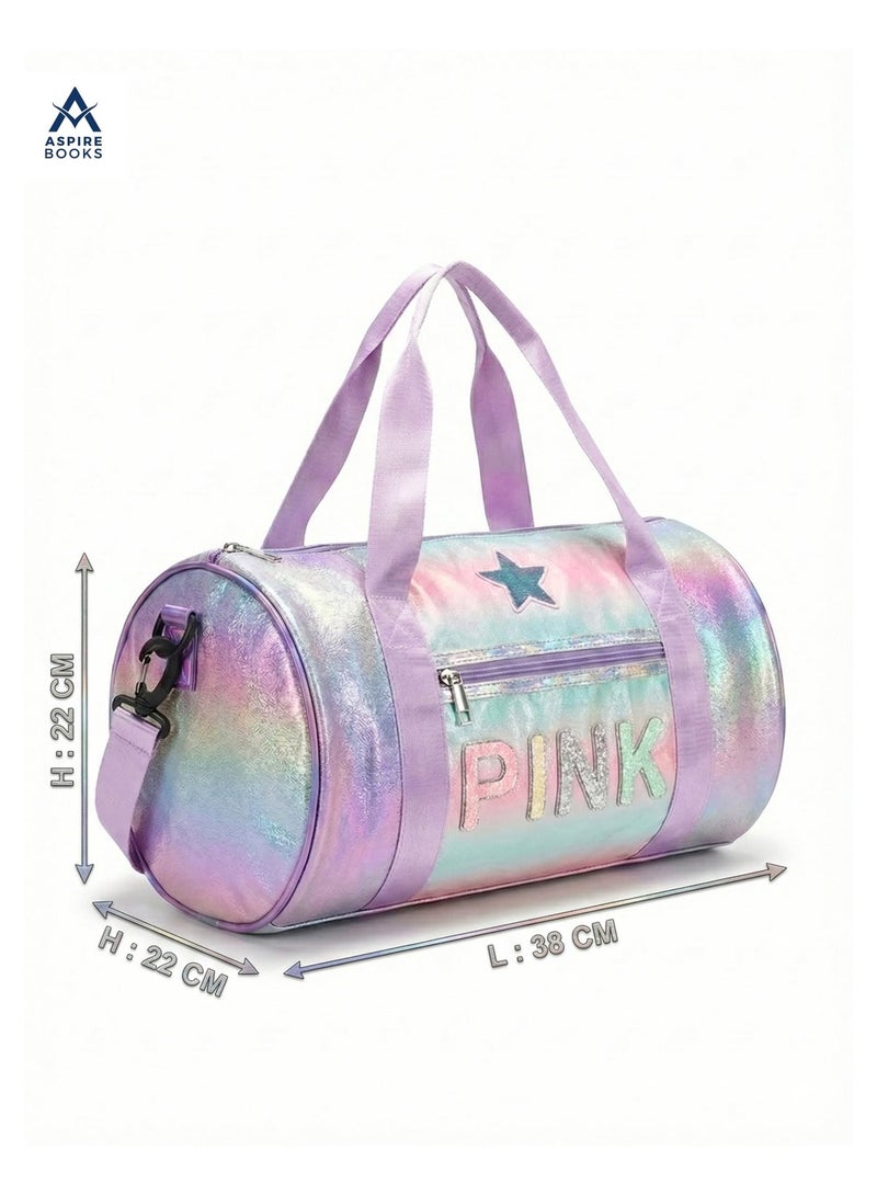 Aspire Books Kids Holographic Duffle Bag with Coin Pouch – Iridescent Travel Weekender & Dance Bag for Girls – Glitter "PINK" Lettering, Star Patch, and Adjustable Strap – Perfect for Shopping, Outings, and Sleepovers (Purple/Rainbow) - Image 4